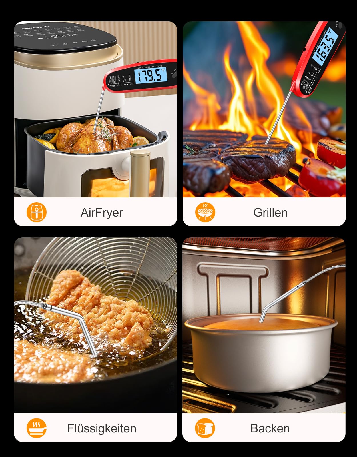 Babacom Fleischthermometer Sofortanzeige mit zwei Sonden & großem Bildschirm, Bratenthermometer mit Alarmeinstellung und Kalibrierung, Grillthermometer für Küche, Ofen, Zucker, Flüssigkeiten, BBQ 4