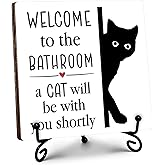Black Cat Bathroom Decor, Welcome to the Bathroom Wooden Sign, Humorous Black Cat Wood Signs for Restroom Toilet Counter Shelf, Home Rustic Farmhouse Bathrooms Decoration, 5"x5"-C14