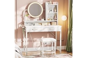 AODK Vanity Desk with Mirror and Lights, 32 Inch Makeup Vanity Mirror with Lights Desk and Chair, Small Vanity Desk Mirror for Bedroom, White Vanity Table with Fabric Drawers Makeup Table Desk, White