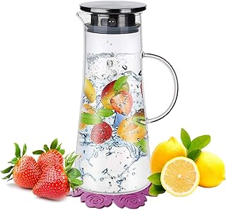 Wasserkaraffe,BOQO1.5L Glaskaraffe,Wasserkrug mit Blütenblatt Edelstahldeckel Karaffen(Glaskanne)