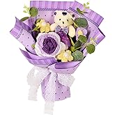 Hlenbin Knitted Flowers Bouquet - Crochet Rose Daisies Flowers Bouquet with Bear for Mother's Day Christmas Valentines Day Birthday Gifts Home Décor Purple