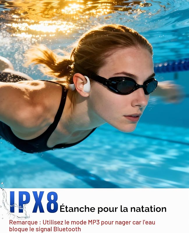Casque Conduction Osseuse Natation, IPX8, MP3 8 Go, Bluetooth 6.0