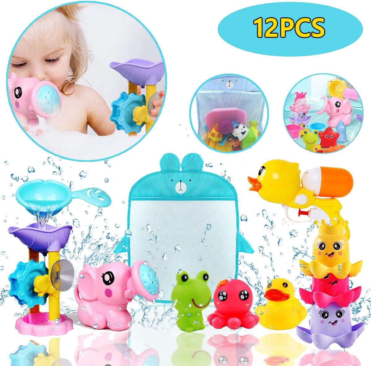 ZHENDUO 12 PCs Baby Bath Toys Set, Squirt Toy, Stacking Cups, Watering Can, Bath Toy Storage Organiser Baby Toys for Kids Bath Toys Birthday Gift for Toddlers Bathtub Toys Swimming Pool Toys