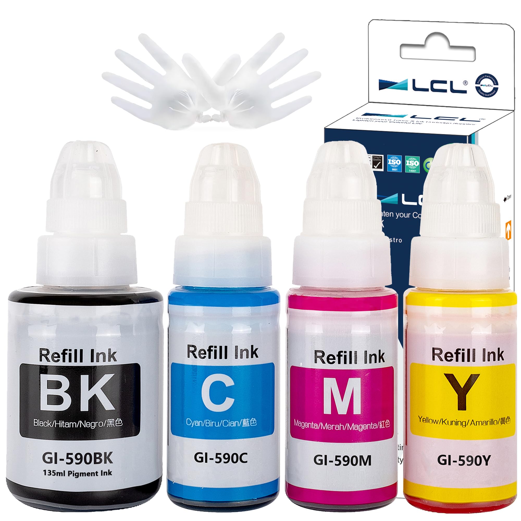 LCL Compatible Ink Bottle GI-490 GI-590 GI-590BK GI-590C GI-590M GI-590Y(4PK Black 135ML, CMY 70ML) Replacement for Canon Pixma G1400 G1410 G2400 G2410 G3400 G4400 G4411 G1500 G1510 G2500