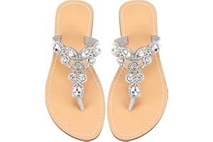 AIJIVOU Women's Rhinestone Flat Sandals, Women Flip Flops with Clip Toe RingBeadeed Rhinestone Crystal Jeweled Sandal Shoes for Summer Beach Oceanside Holiday Outdoor