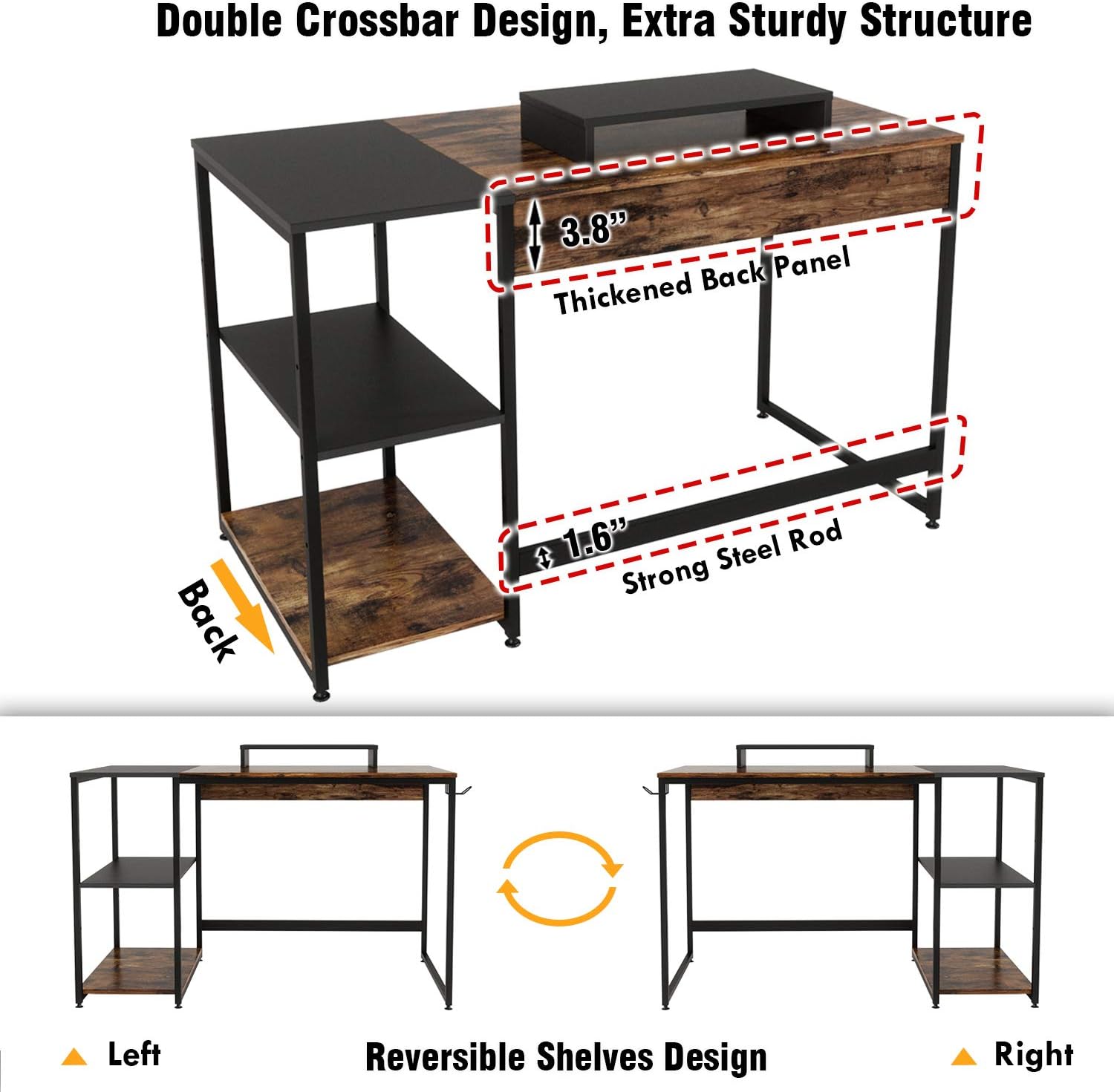 Nost & Host Computer Desk with Storage Shelves and Free Large Monitor Stand, Sturdy Wooden Modern Industrial Home Office PC Laptop Study Writing Table Workstation, 47.2 inches, Rustic Brown and Black: Kitchen & Dining