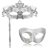 FunMular Couple Masquerade Mask with Holding Stick Metal Masks Halloween Costume Venetian Mardi Gras Mask for Women and Men