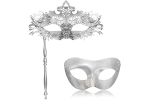FunMular Couple Masquerade Mask with Holding Stick Metal Masks Halloween Costume Venetian Mardi Gras Mask for Women and Men