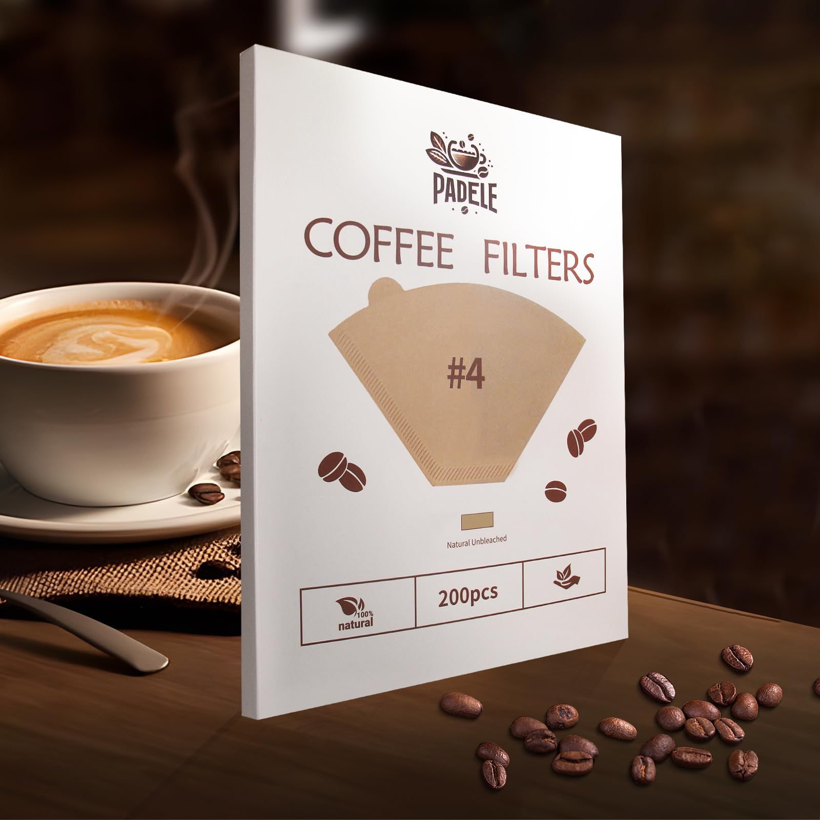 Coffee Filters #4，Cone Coffee Filter 8-12 Cup，200 Unbleached Natural Coffee Filters