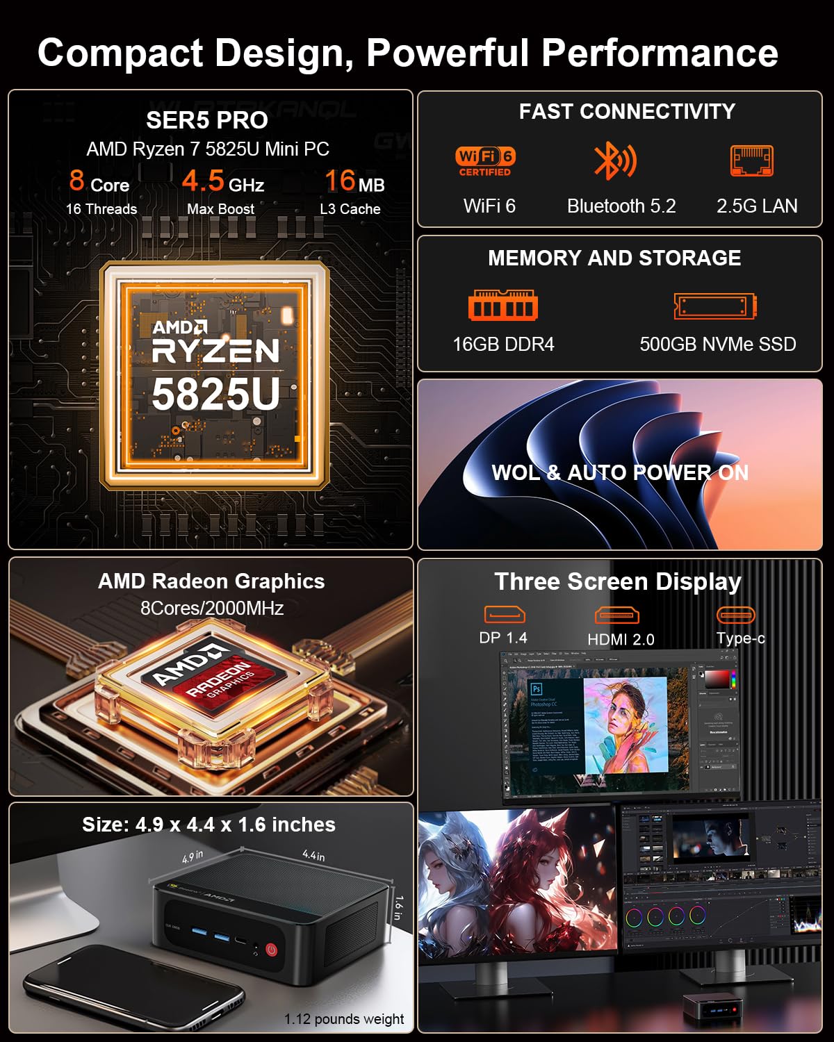 Beelink Mini PC SER5 Pro, AMD Ryzen 7 5825U (Up to 4.5GHz), 16GB DDR4 RAM 500GB SSD, Radeon 8CUs Graphics, WiFi 6/ BT5.2/ DP+USB-C+HDMI 4K Triple Display/ USB3.2/2.5G LAN Home/Office Desktop Computer