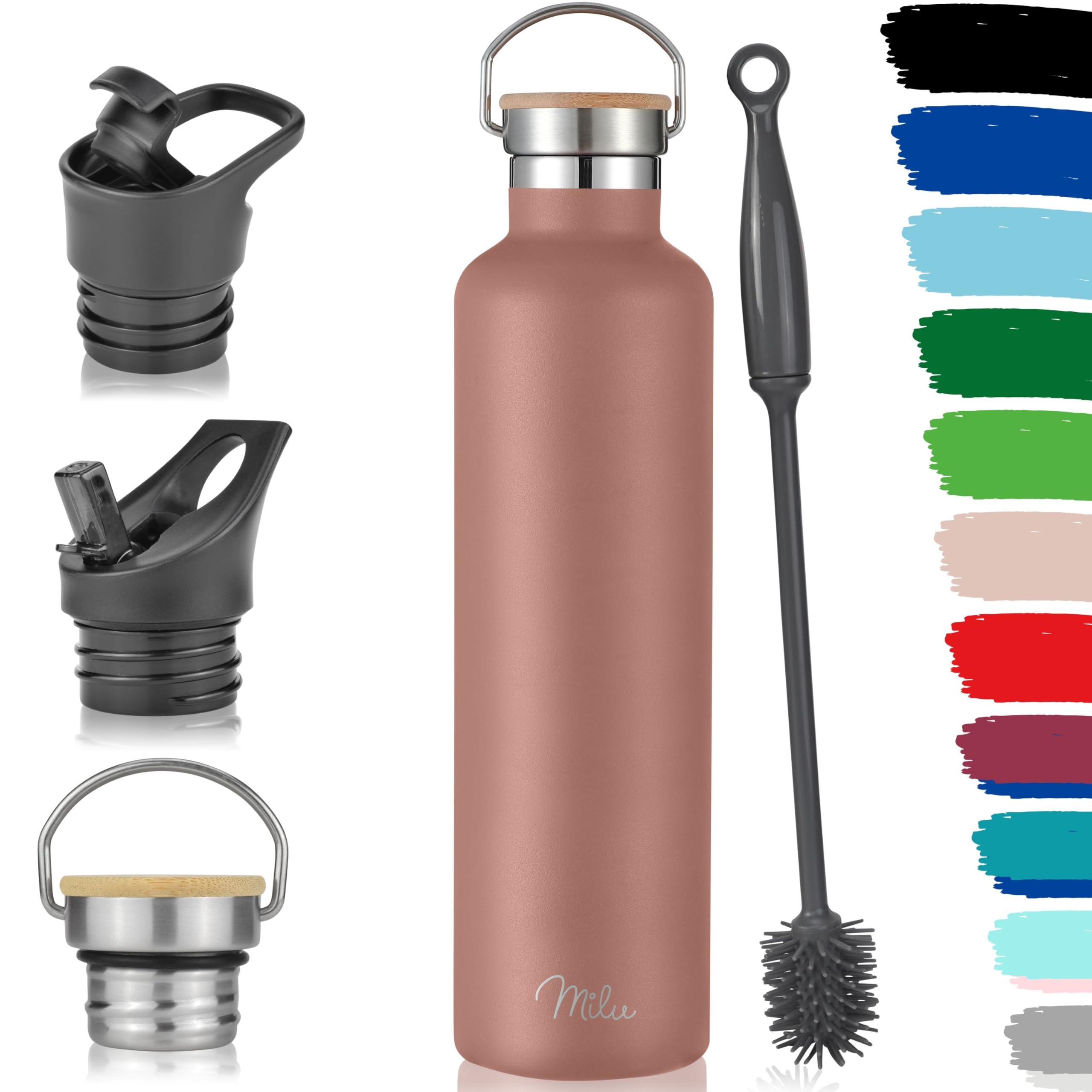 Milu Stainless Steel Drinking Bottle 350ml, 500ml, 750ml, 1l (+3 Lids) - Thermo Bottle with Straw, Water Bottle, for Hot, Cold & Carbonated Drinks (Rose Gold, 1000ml)