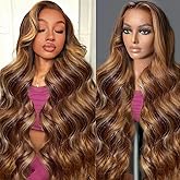 KeaBalo 28 Inch Highlight Ombre Lace Front Wig Human Hair Pre Plucked Body Wave Frontal Wigs 180% Density 4/27 Colored 13x4 Honey Blonde Lace Front Wig Human Hair for Women