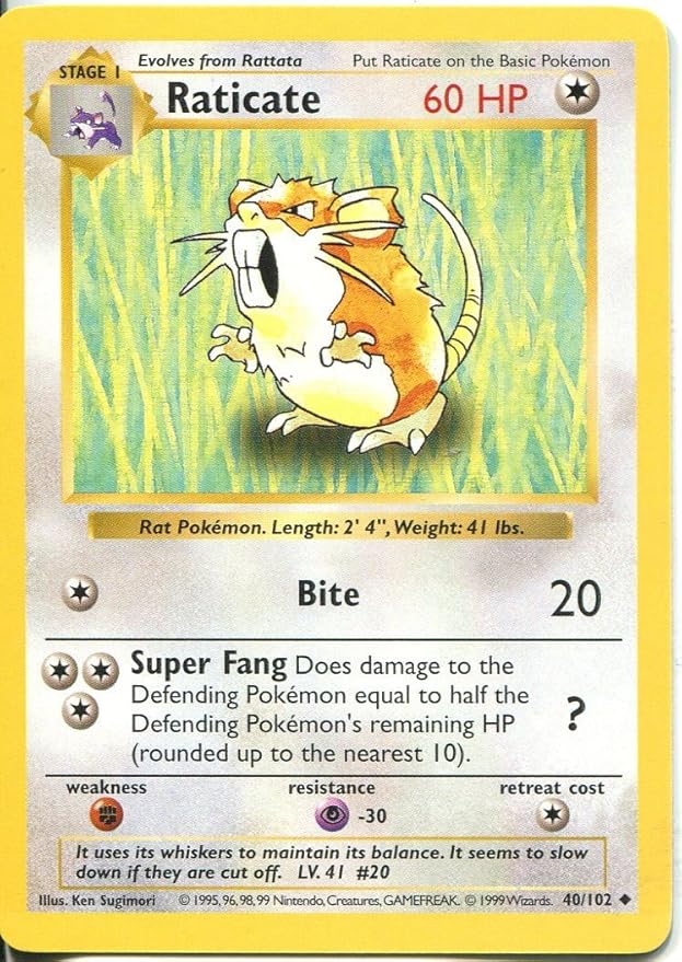 Amazon Com Wizards Of The Coast Pokemon Base Set Shadowless Uncommon Card 40 102 Raticate Toys Games