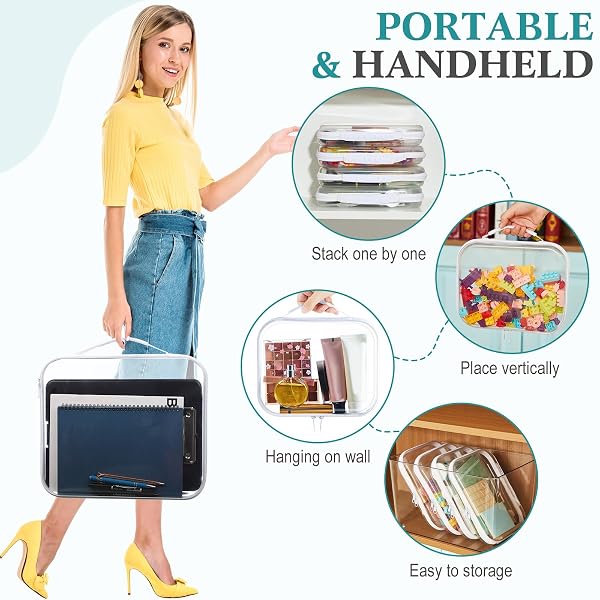 SANWUTA 4 PCS CLEAR HARD ZIPPER CASE WITH HANDLE OFFICE STORAGE CASES HARD PLASTIC POUCHES TRANSPARENT BINS FOR CRAFTS, SNACKS, COSMETICS, PUZZLES(13.8 X 11.8 X 2 INCHES,WHITE)