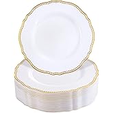 Hioasis 60pcs Gold Plastic Plates - White and Gold Disposable Dinnerware with Gold Rim, Heavy-duty, 7 inch, Dessert Plates for Party & Thanksgiving
