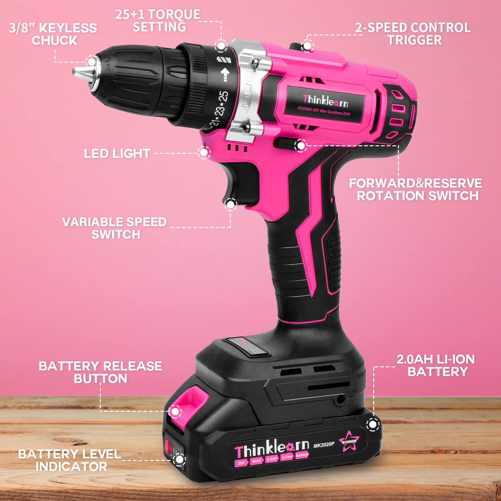 Pink Cordless Drill Set, 20V Lithium-ion Power Drill Set for Women with 67Pcs Driver Bits, 3/8