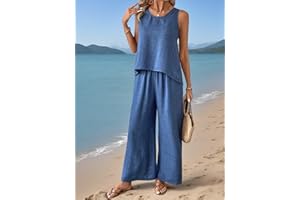 Women's 2 Piece Summer Outfits Sleeveless Crochet Back Tank Top Wide Leg Pants Casual Vacation Set