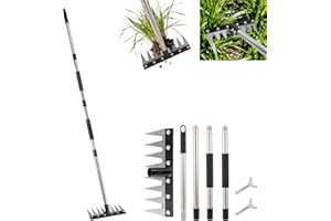 8 Tines Manual Weeding Rake, Durable Stainless Steel Garden Weeding Puller Hoe Combo Tool with Long Handle for Clearing Falle