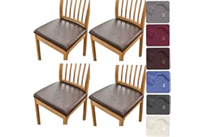 HFCNMY Seat Covers for Dining Chairs, Stretch Waterproof PU Dining Chair Seat Covers Set of 4, Removable Dining Room Chair Seat Covers Washable Kitchen Chair Seat Covers with Elastic Bands (Coffee)
