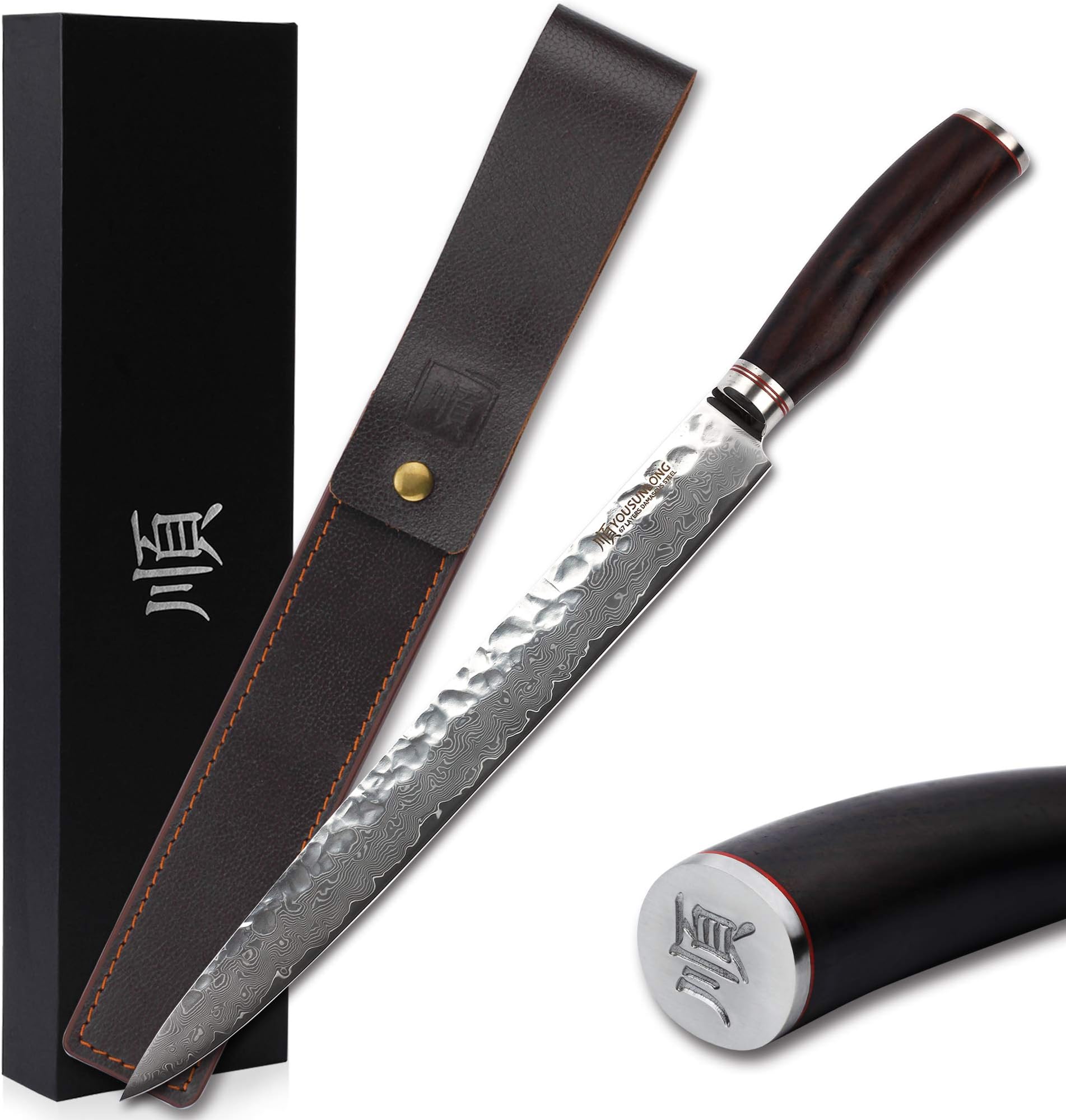 Sponsored Ad - YOUSUNLONG Max Carving Knife 12 Inch - Meat Sharp Slicer Knife - Japanese Super Steel Damascus - Natural Leadwood Handle with Leather Sheath