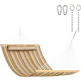 Lazy Daze Double Quilted Hammock with Pillow and Carabiners, Brown Stripe | 12FT 2 Person Outdoor Hammock with Hardwood Spreader Bars and Chains for Outside, 450lbs Weight Capacity