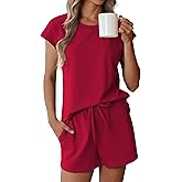 Ekouaer Pajamas for Women Set Cotton 2 Piece Summer Pjs Shorts Set Cap Sleeve Lounge Sets Sleepwear Wine Red,Large