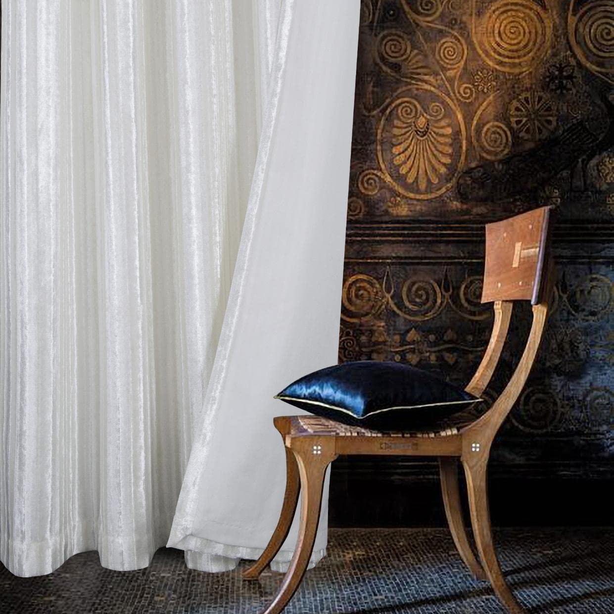 always4u Crushed Velvet Curtains Luxury Line Pattern Curtain Eyelet Thermal Dark for Living Room Window Treatments White A Pair 66 * 72