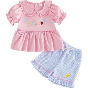DSOKUHIB Back To School Toddler Girl Outfit Apple/Pencil T-Shirt Shorts Set | Kindergarten Pre-K Outfits, First Day of School