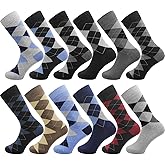 NKMOOS Men's Dress Socks Cotton Classic Argyle Stripes Black White Crew Socks Gifts For Men Size 7-10,10-13,13-15,12-Pairs