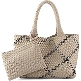 LIKEBAG Woven Bag for Women, Large Neoprene Tote Bag Summer Beach Handbag Purse Retro Handmade Travel Shoulder Bag Set