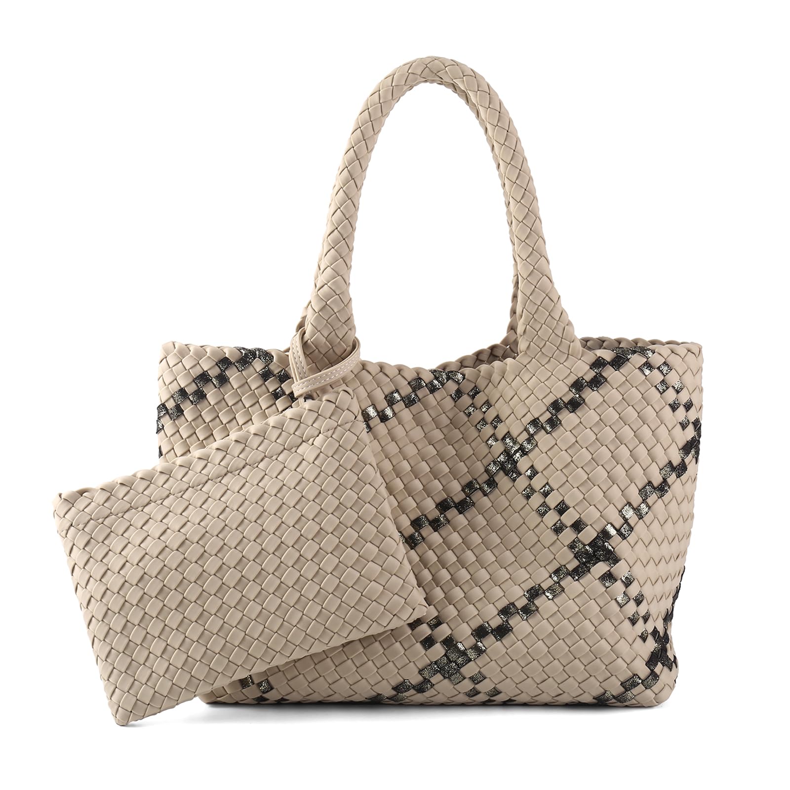 Photo 1 of LIKEBAG Woven Bag for Women, Large Neoprene Tote Bag Summer Beach Handbag Purse Retro Handmade Travel Shoulder Bag Set (Apricot-B)