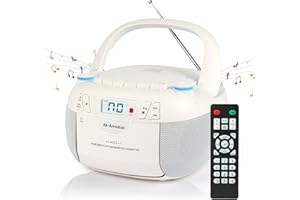 M-Amazup Boombox CD Player Portable Cassette Player with CD MP3 Bluetooth AUX TF/USB AM/FM Radio AC/DC Powered with Remote Control, Headphone Jack, Stereo Sound for Home,Kids,Gift(White)
