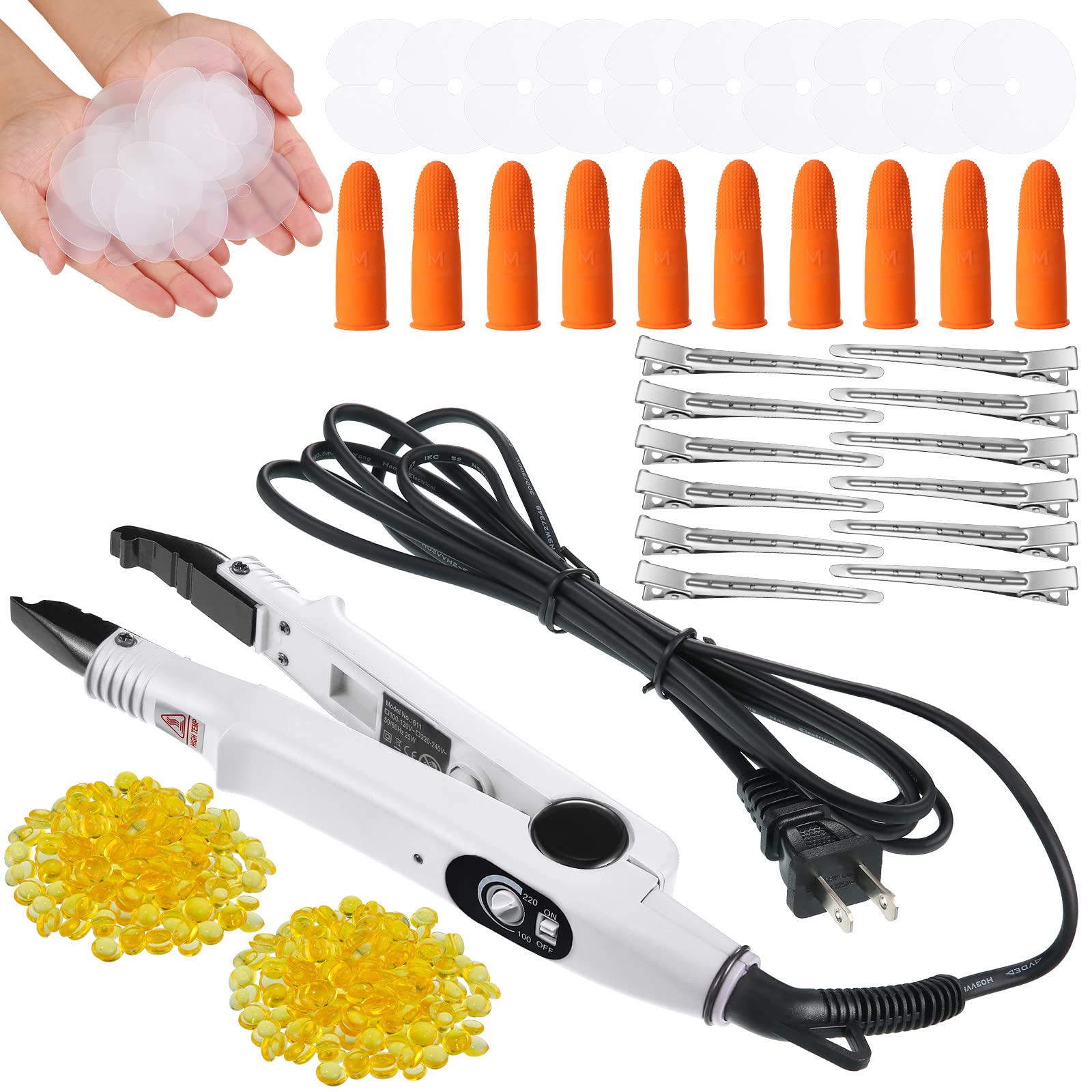Photo 1 of Lanties Hair Extensions Iron Fusion Keratin Heat Tool Heat Connector Wand with Fusion Glue Protector Template Hair Clip Finger Protector 2 Bag Keratin Glue Granule Bead(White)