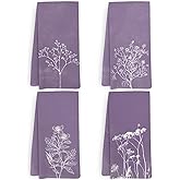 KFXHANGD Purple Boho Botanical Kitchen Towels Set of 4, Purplr Bathroom Decor, Botanical Flower Dish Towels, Vintage Minimalist Plant Decorative Hand Tea Towel for Bathroom Kitchen, 16x24 in