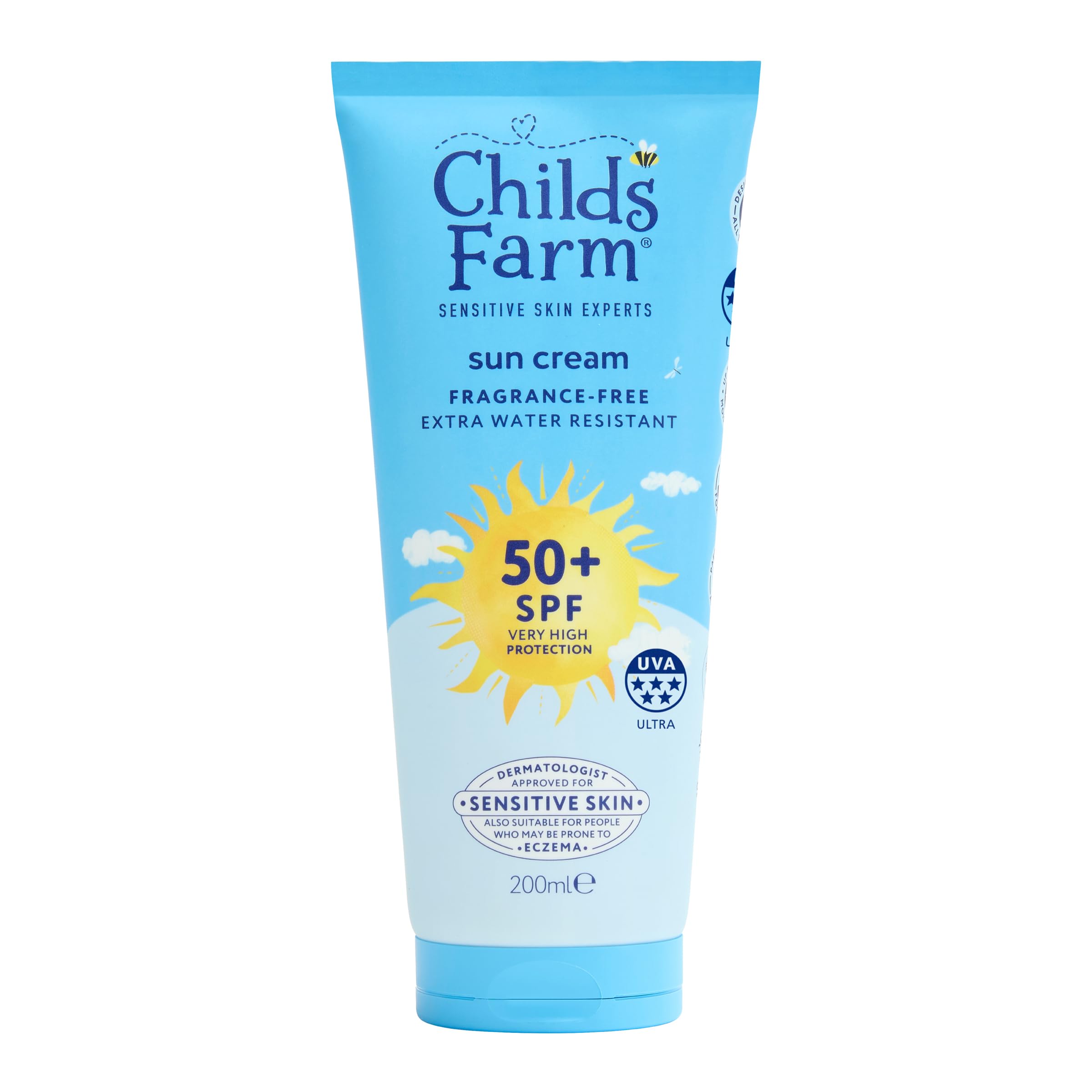 Childs Farm Kids & Baby Sun Cream SPF 50+ | UVA & UVB Very High Protection | Extra Water Resistant | Fragrance Free | Suitable for Dry, Sensitive Skin, 200ml