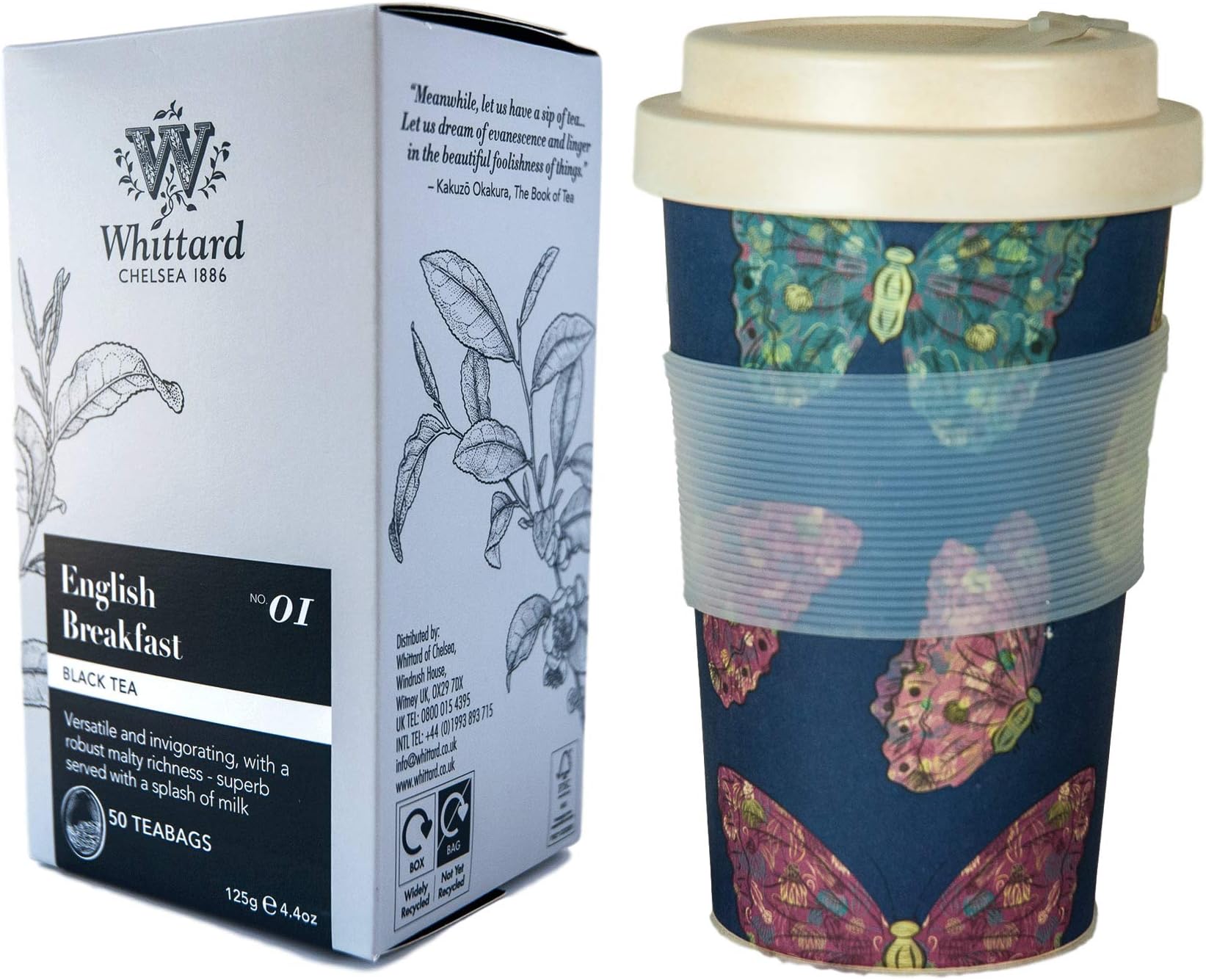Eco Chic Bamboo Cup - Whittard English Breakfast Tea - Box of 50 Tea Bags - Gift Bundle (Butterfly)