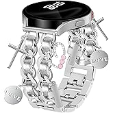 Newlibery Silver Metal Band with Charms Women 20mm Adjustable Double Chain Watch Strap Compatible with Samsung Galaxy Watch 7/6/5/4/Active 2/4 6 Classic/5 Pro/FE 40mm 42mm 43mm 44mm 45mm 46mm 47mm