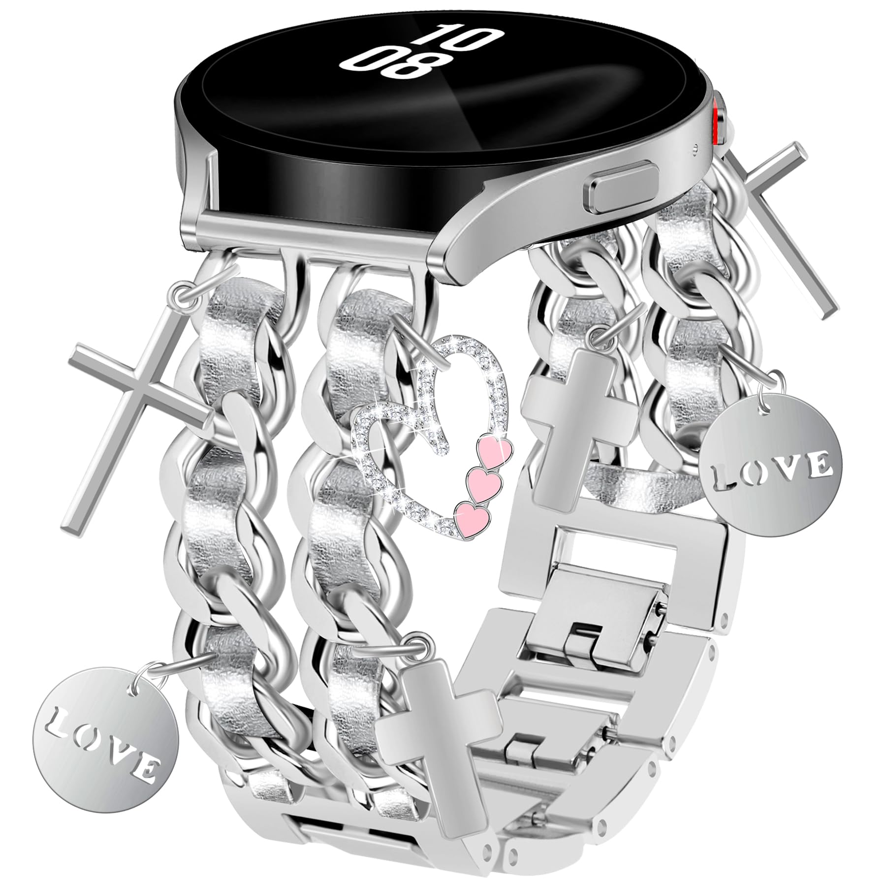 Newlibery Silver Metal Band with Charms Women 20mm Adjustable Double Chain Watch Strap Compatible with Samsung Galaxy Watch 7/6/5/4/Active 2/4 6 Classic/5 Pro/FE 40mm 42mm 43mm 44mm 45mm 46mm 47mm