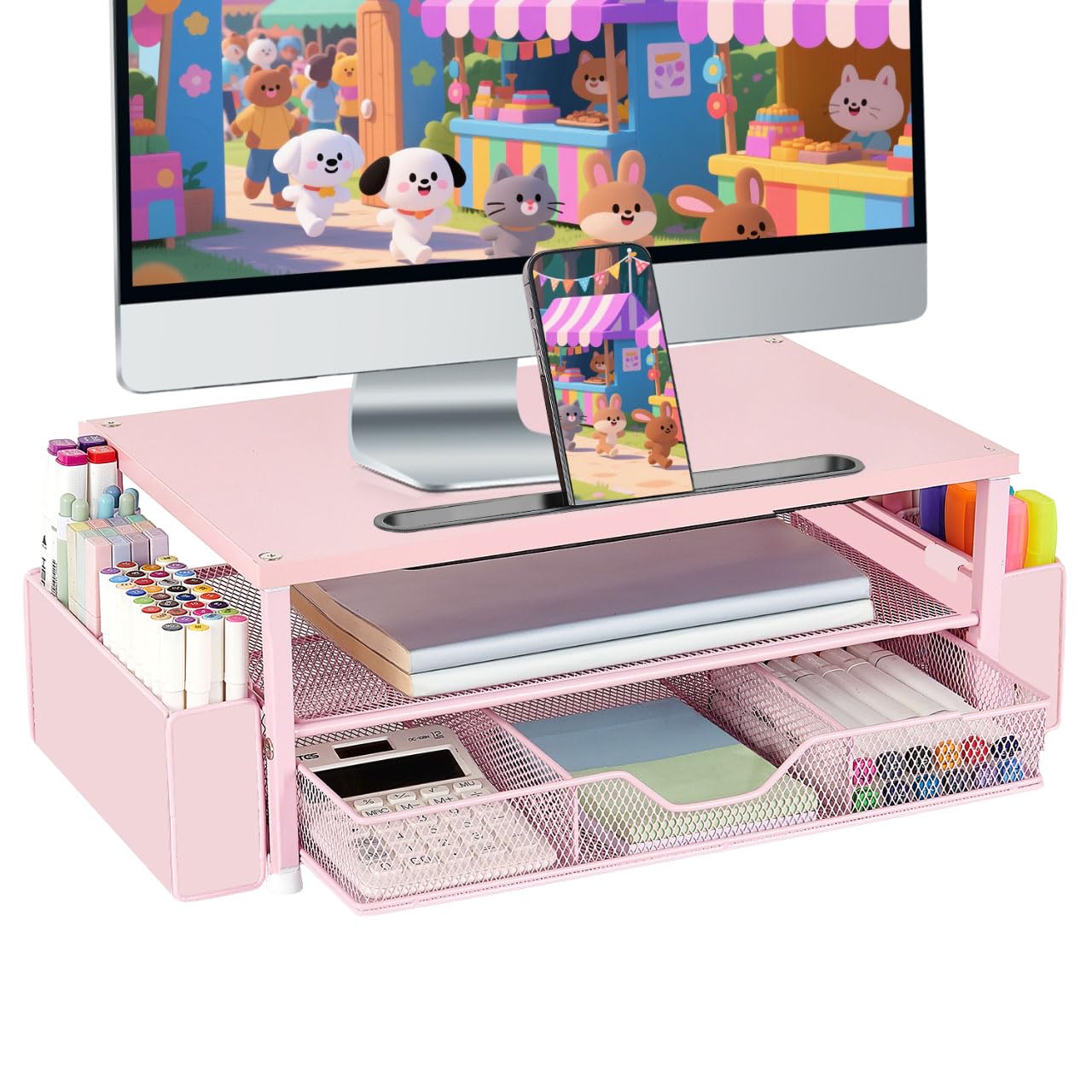 Photo 1 of AUPSEN Pink Desk Organizers and Accessories, 2-Tier Wood Computer Monitor Stand with Drawer, Pen Storage & Phone Holder, Office Desk Accessories, Workspace Desktop Organization for Office Supplies
