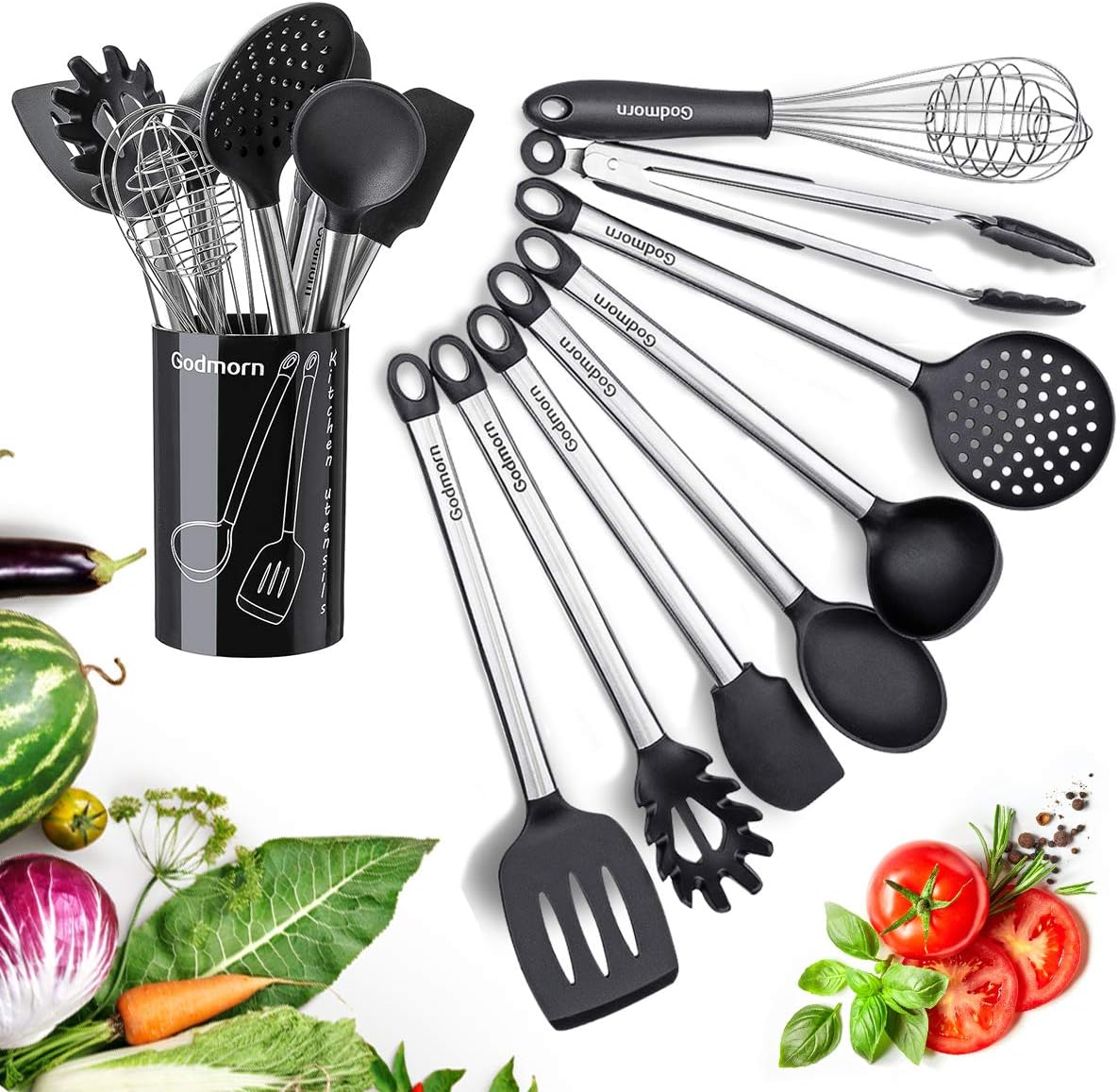 Silicone Kitchen Utensil Set 9 Pcs Cooking Utensil Nonstick Kitchen Tool with Plastic Holder, Stainless Steel Heat Resistant and Nonstick Cooking Gadgets Tool black BPA Free