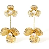 Bohemian Double Floral Drop Earrings，Statement Gold Flower Earrings for Women 14K Gold Plated Flower Dangle Earrings Bridal, Party, Prom Jewelry for Women
