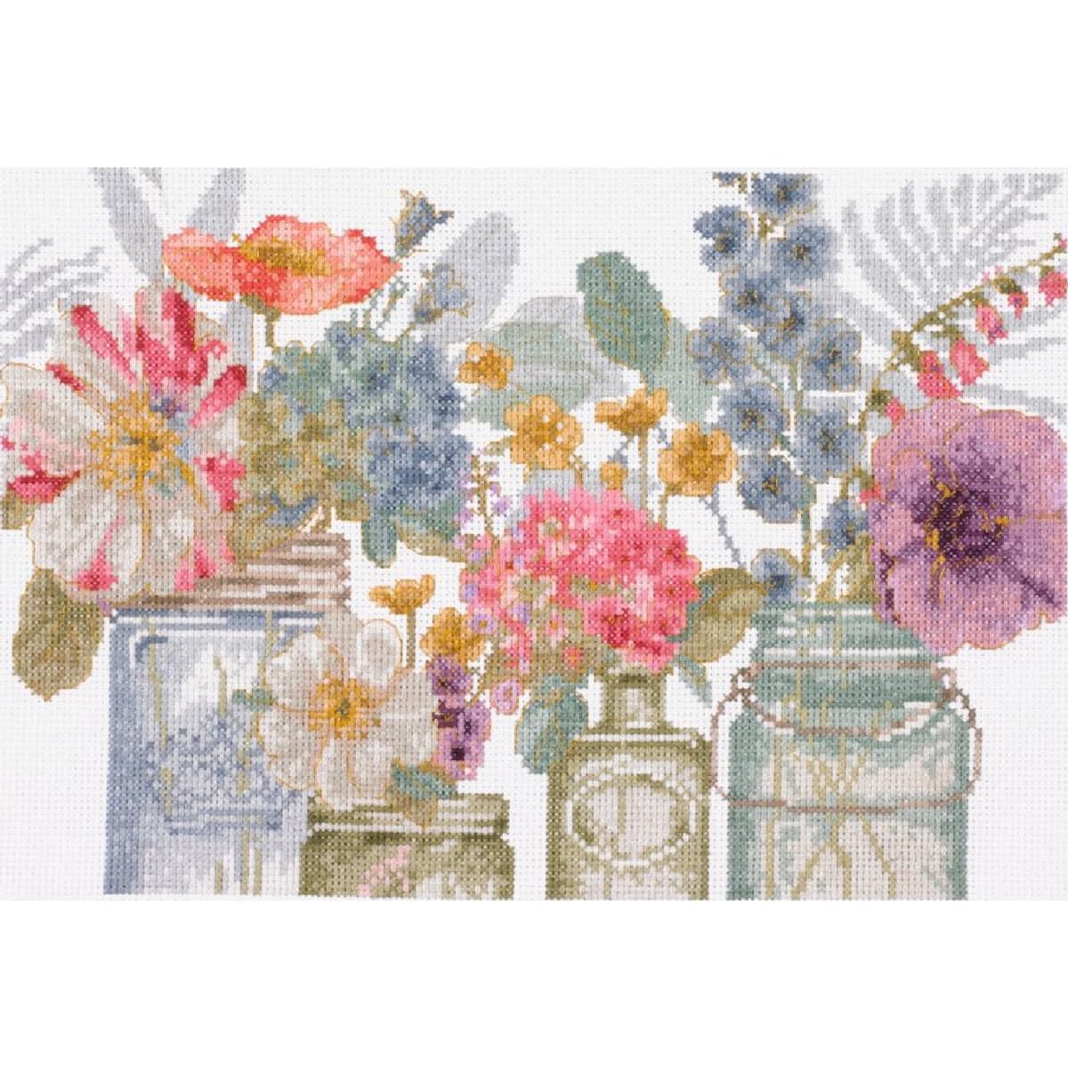 DMC Cross Stitch Kit Watercolor Flowers in Jars, Includes Aida Fabric 5.5 pts/cm, Mouliné Thread, Needle and Instructions