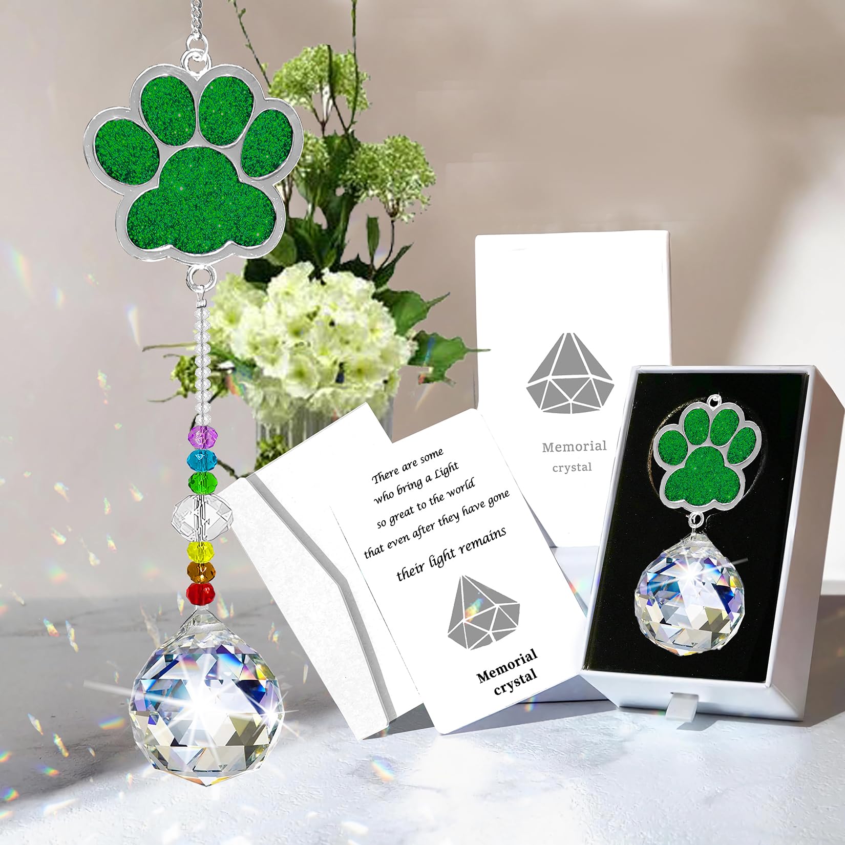 Dog Memorial Gifts for Loss of Dog, Pet Paw Print Sympathy Gifts Crystal Window Suncatcher,Dog Remembrance Gift Sun Catcher, Pet Passing Away Loss Rainbow Maker Gifts (Double sided green)