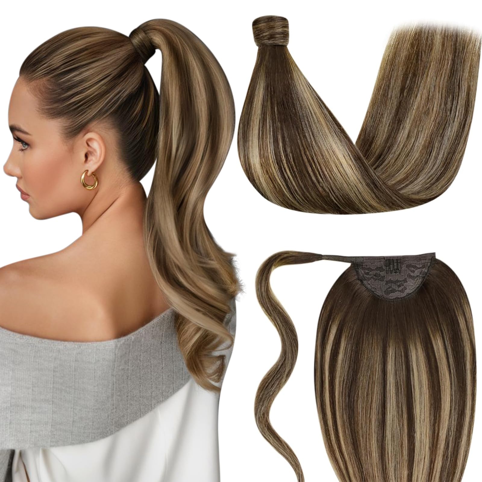 LaaVoo Pony Tail Extensions Real Human Hair 18 Inch 80g Balayage Dark Brown Mix Caramel Blonde Remy Straight Ponytail hair Extensions #4/27/4