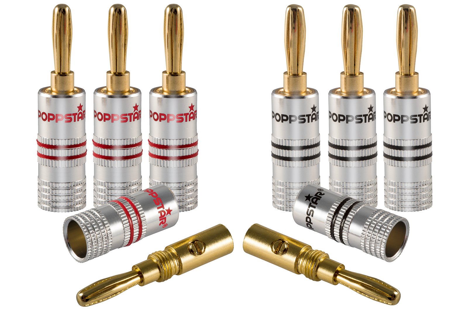Poppstar Banana plug, for cables up to 4 sq mm screwed or 6 sq mm soldered, 24k gold plated contacts, set of 8 — image 1