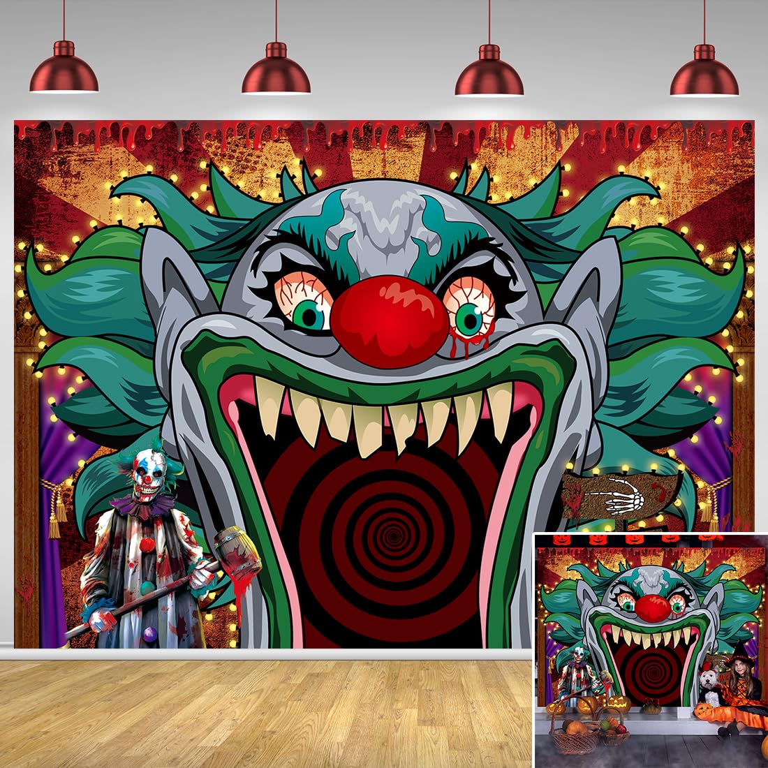 Photo 1 of Horror Clown Backdrop Halloween Scary Circus Carnival Photography Background for Halloween Party Decorations Evil Vampire Hallomas Banner Photo Booth Props (6x4ft(70x40inch))