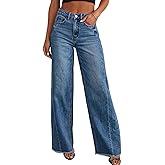 Trendy Women's Baggy Wide Leg Jeans High Rise Stretchy Denim Pants with Raw Hem & Comfort Fit