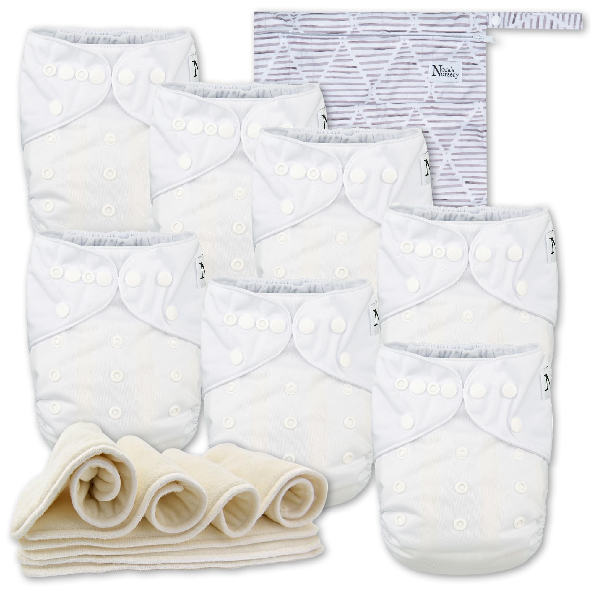 Photo 1 of Nora's Nursery Cloth Diapers 7 Pack with 7 Inserts & 1 Wet Bag - Waterproof Cover, Washable, Reusable & One Size Adjustable Pocket Diapers for Newborns and Toddlers - Winter White