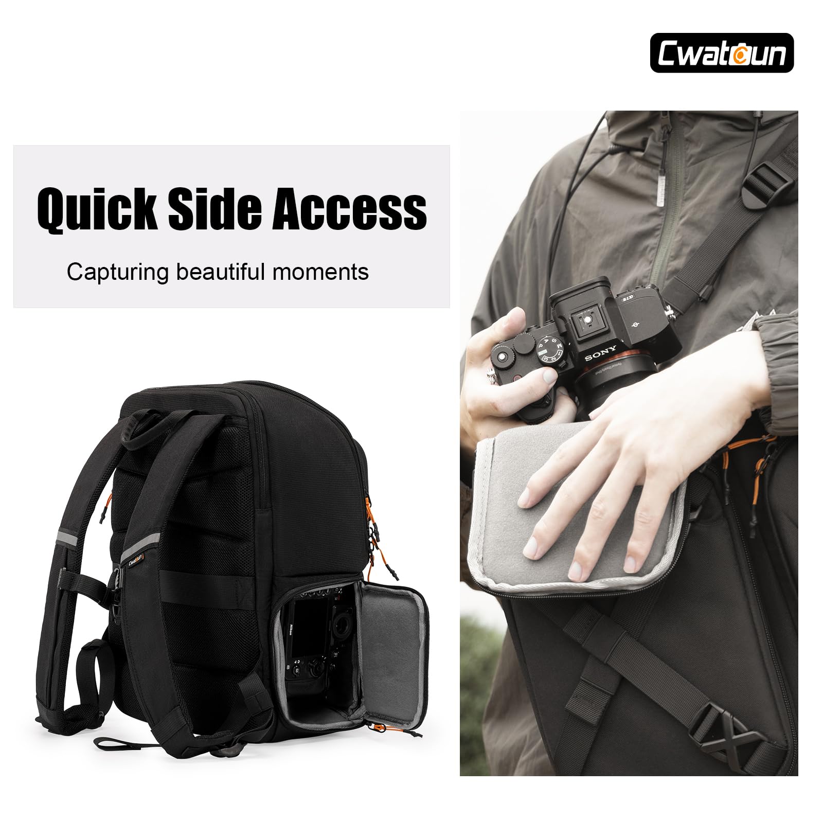 Cwatcun Camera Backpack Professional DSLR/SLR/Mirrorless, Waterproof Hardshell Case Large Camera Bag Outdoor Hiking Travel Multifunction Photography Backpack with Tripod Holder&Laptop Compartment 1.0