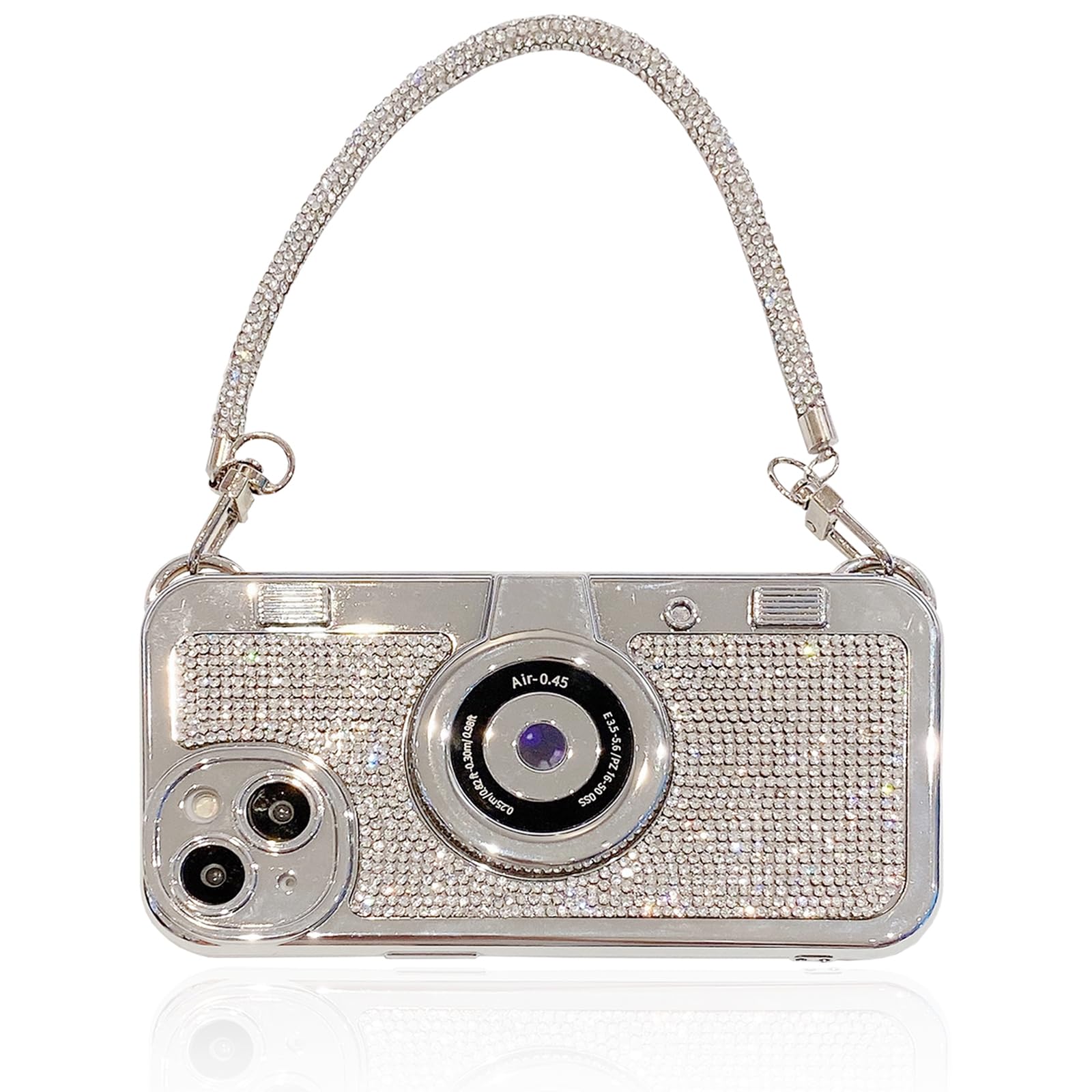 QoKcoahn 3D Bling Vintage Camera Phone Case with Hand Strap - Unique Cool Silicone TPU Shockproof Crossbody Protective Case for iPhone 16 Pro Max-Diamond